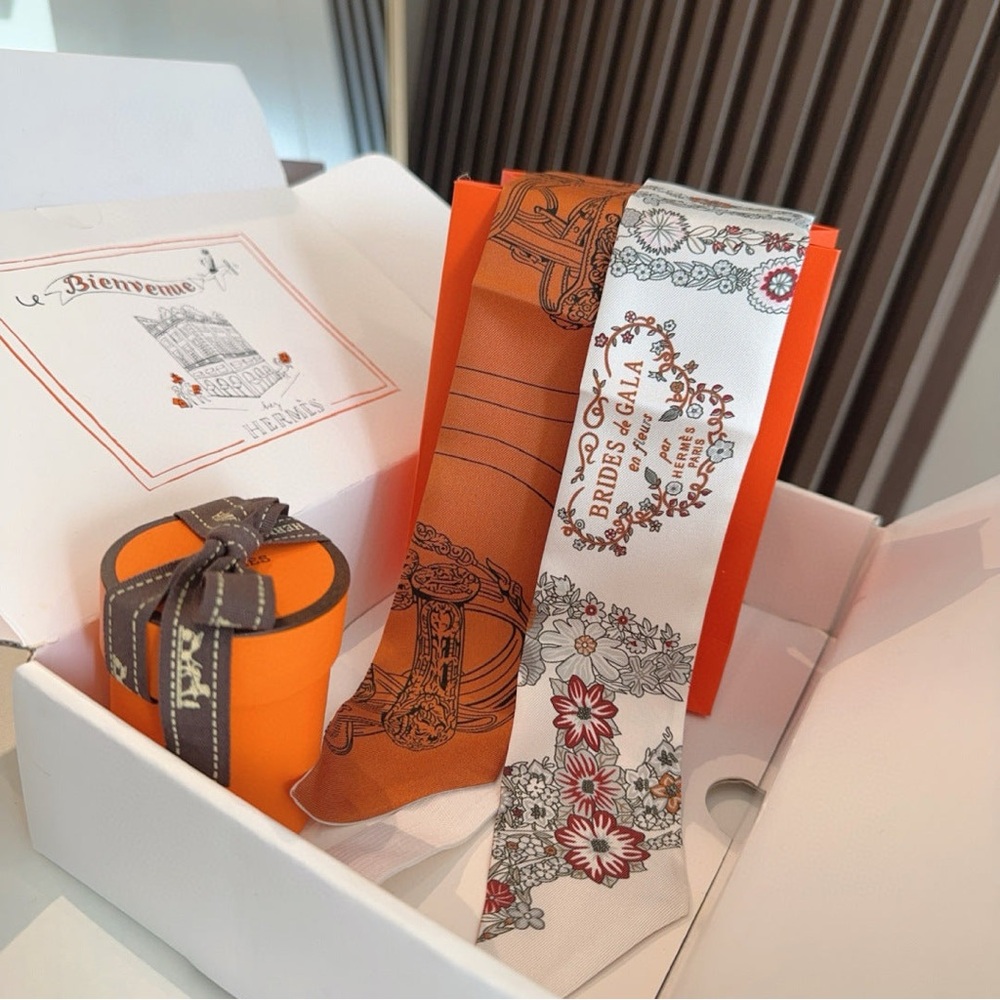 Hermes Orange and White Twilly Scarf